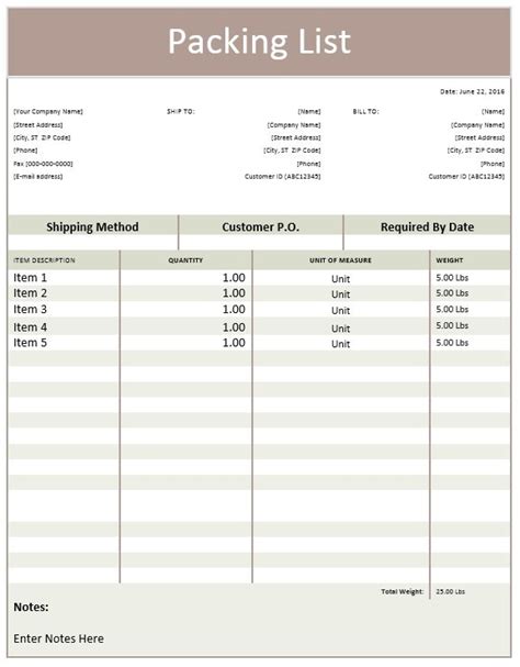 packing list example template