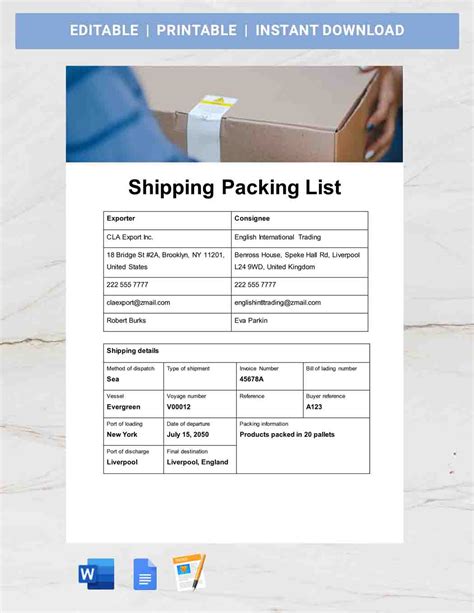 Packing List Shipping Example