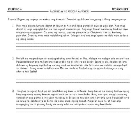 pagbibigay ng buod ng kwento worksheet