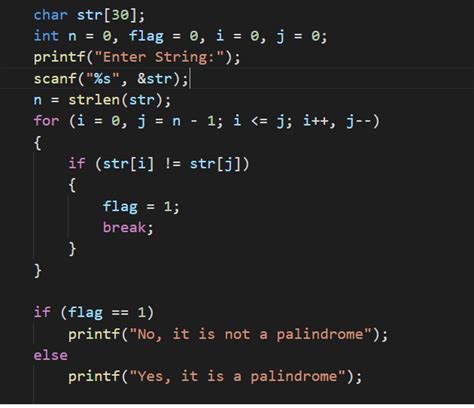 palindrome string program in c using for loop