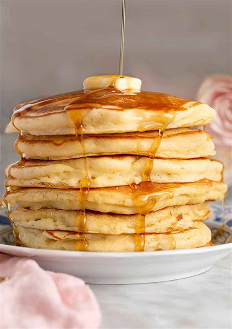 Fluffy stack of pancakes recipe with maple syrup
