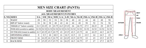 Pants Size List