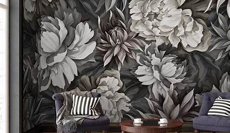 Papier peint fleurs bucoliques noires et blanches