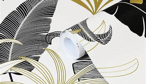 Papier peint jungle Feuilles Exotic noir/blanc/doré