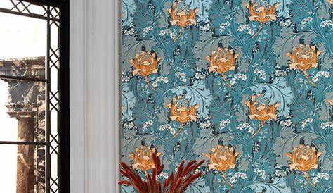 Papier Peint Orange Et Bleu Fleurs Vintage Jane /bleu Oxford De