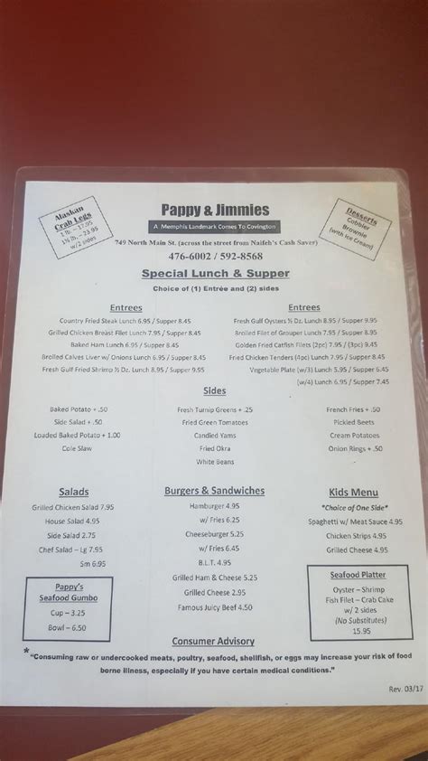 Menu at Pappy's Cafe, Coon Rapids