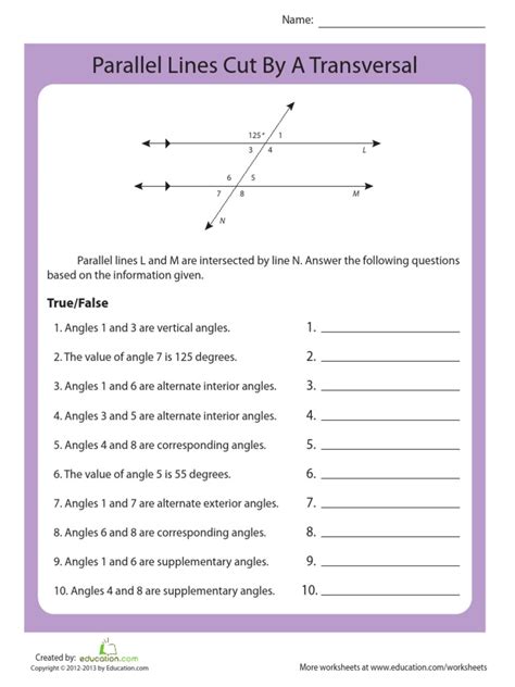 Parallel Lines Cut By A Transversal Notes Worksheet