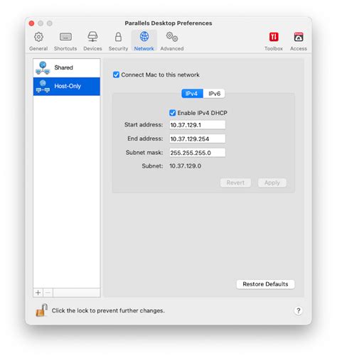 Parallels Desktop Network Settings