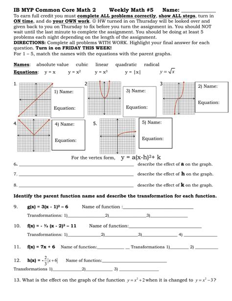 parent functions and transformations worksheet