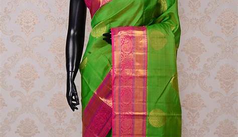 Parrot green wedding silk saree in contrast pink border – Kanjivaram Silks