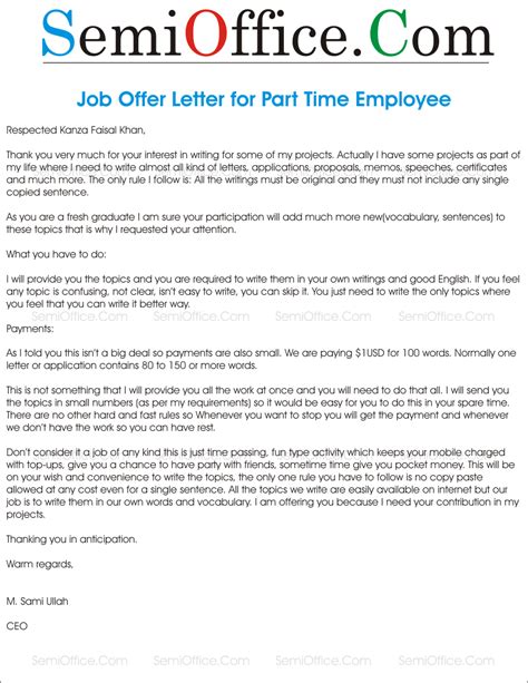 Part Time Employment Offer Letter Template in Word, Google