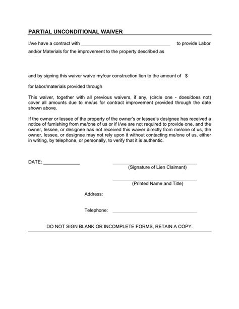 Partial Unconditional Waiver Template