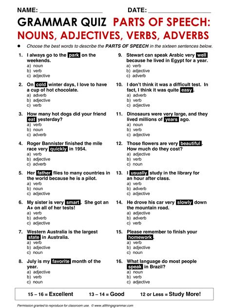 Parts Of Speech Test Printable: A Comprehensive Guide