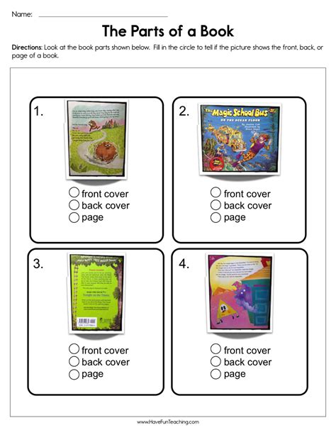 parts of a book worksheet grade 4