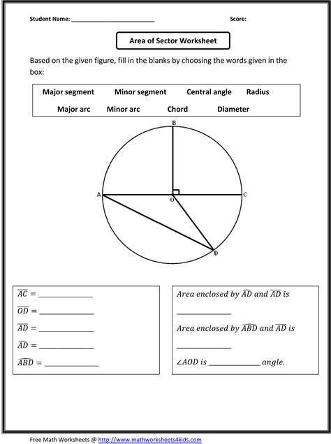 parts of a circle worksheet grade 10