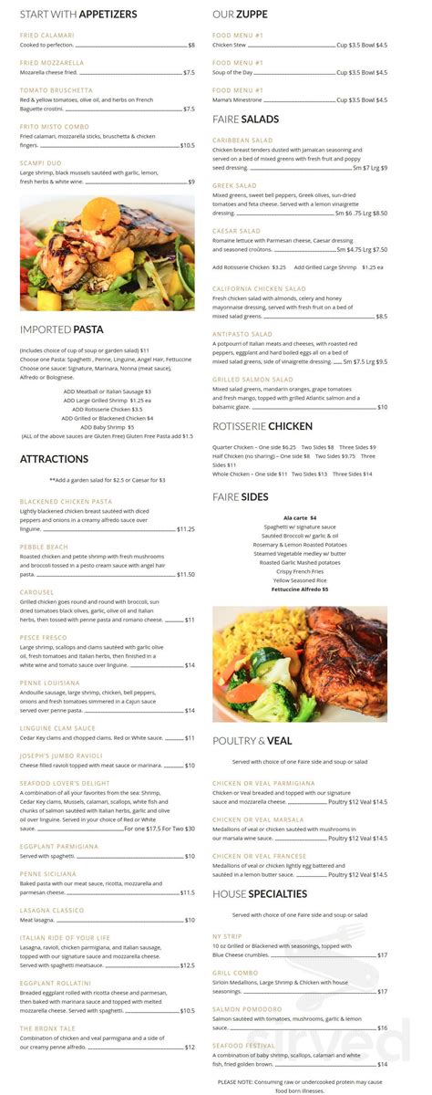 Pasta Faire Menu