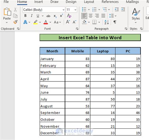 paste linked excel table into word
