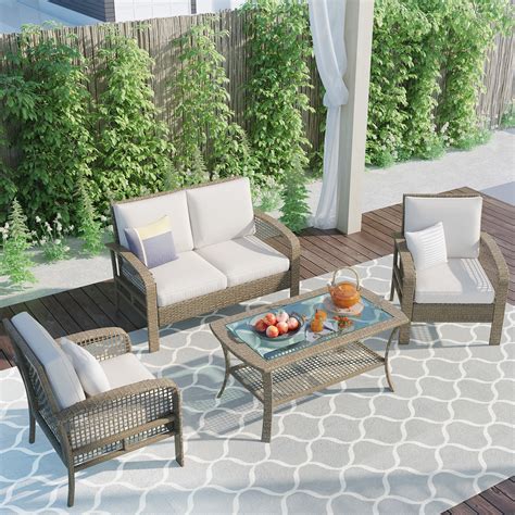 Laguna 5 Piece Aluminum Patio Conversation Set W/ Sunbrella Canvas Flax