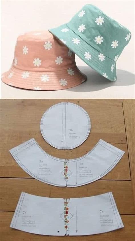 three bucket hats with the text free bucket hat pattern in 5 sizes