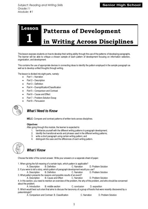 patterns of development in reading and writing lesson plan
