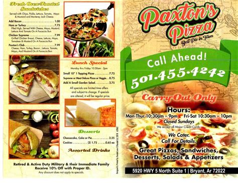 Paxton Pizza Menu
