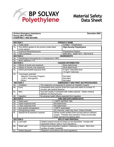 pe sds sheet for polyethylene