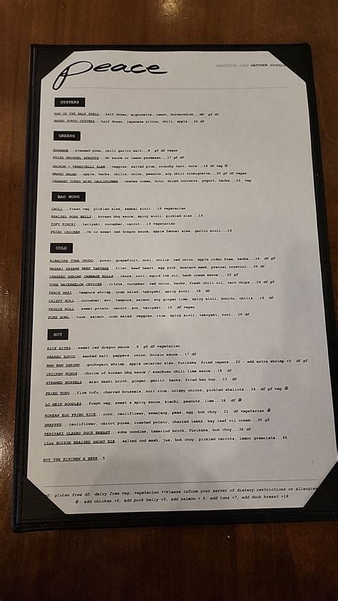 peace restaurant menu