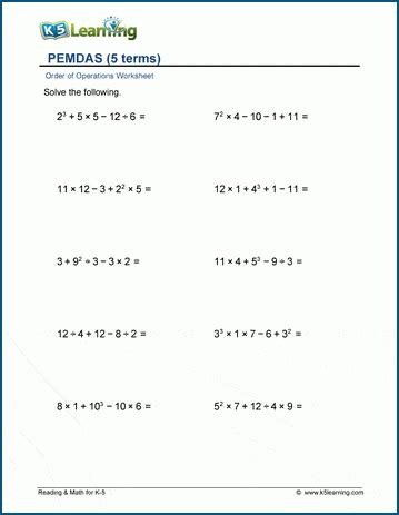 Pemdas 5 Math Worksheet