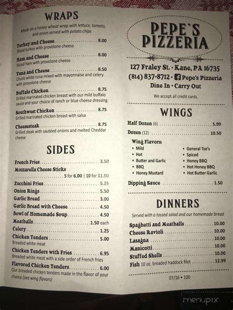 pepe's pizza kane pa menu