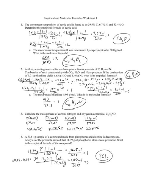 percent composition and empirical formula worksheet answers