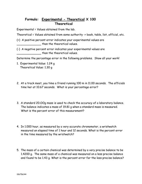 percent error worksheet with answers pdf