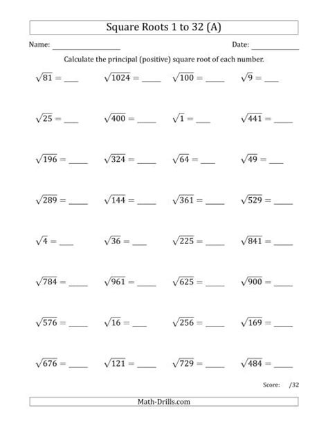 Perfect Squares And Square Roots Worksheet