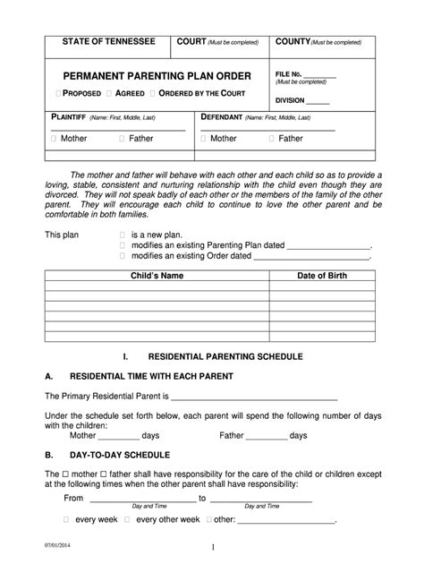 Permanent Parenting Plan Order Tennessee Edit, Fill, Sign Online