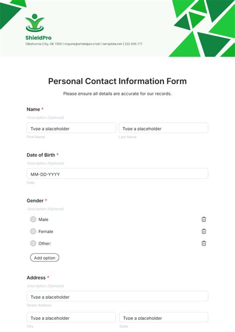 personal contact information form template