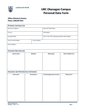 Personal Data Form Ubc