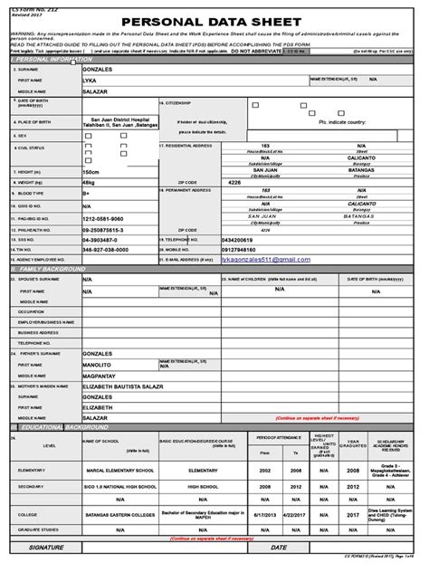 Personal Data Sheet Revised 2017 Sample With Answer