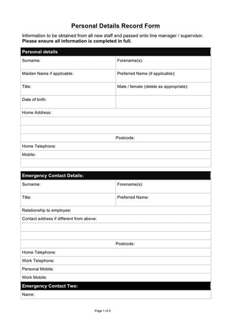 personal details record form template