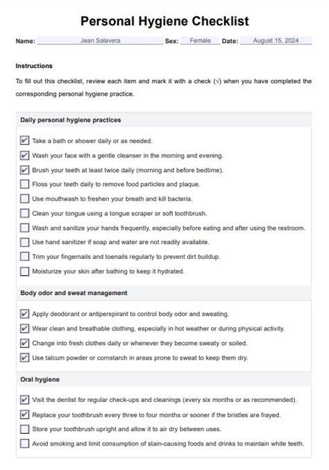 Personal Hygiene Checklist Format