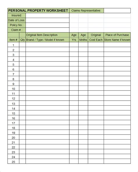 personal property inventory form template