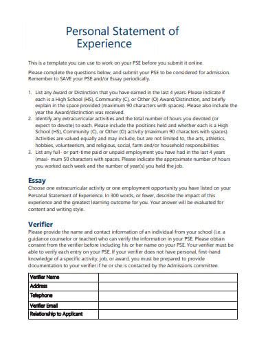 personal statement examples for work experience