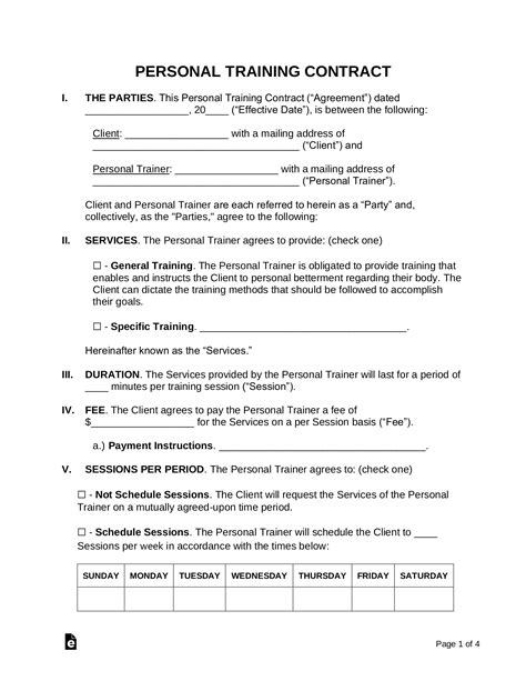 Personal Trainer Contract Free Printable Documents