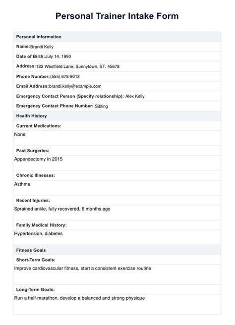 personal training client intake form template