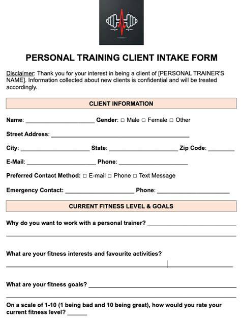 personal training client consultation form template