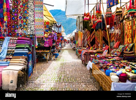 Selection of colourful Peruvian Textiles in Market