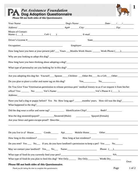 Pet Questionnaire Fostering