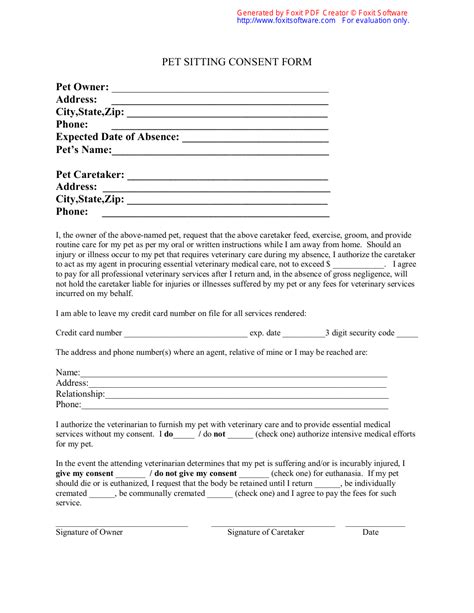 pet sitting consent form template
