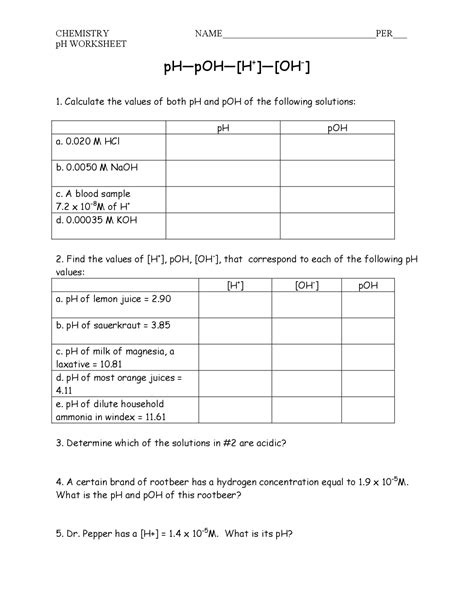 ph and poh worksheet table