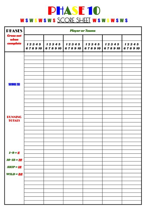 Phase 10 Score Card Printable