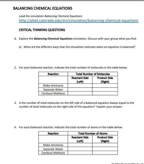 Phet Balancing Chemical Equations Simulation Lab Answer Key