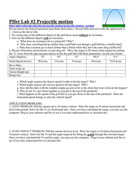 phet projectile motion worksheet answers